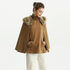 C194 Women Wool faux fur collar ribbed neck double zippers poncho cape coat