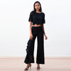 P219-1 Women Black floral lace asymmetric cascading ruffles party pants