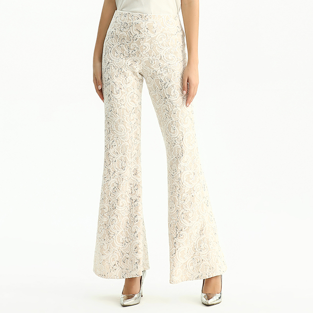 P159-1 Women Ivory bonded sequin lace boot-cut full length evening pants.