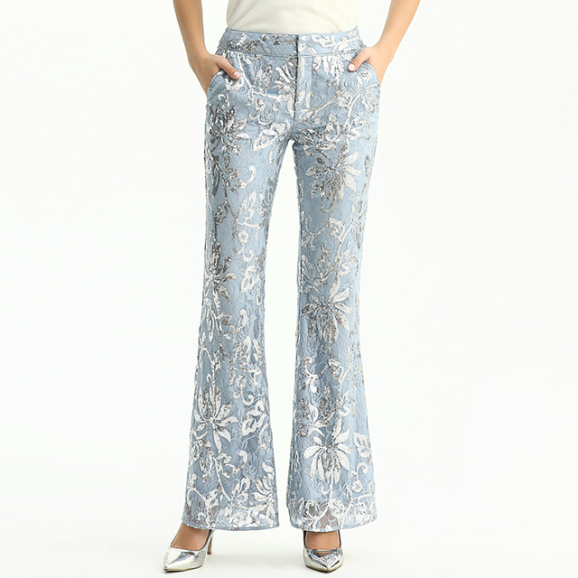 P164-3 Women Sequin embellished floral lace mid-rise boot-cut tailored evening trousers