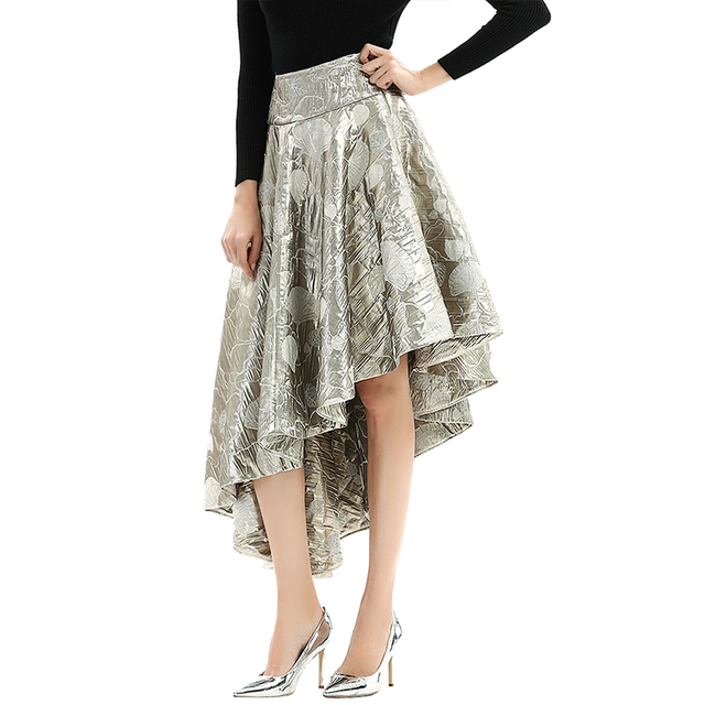 S144 Women Metallic bubble jacquard full circle asymmetric flare party skirt