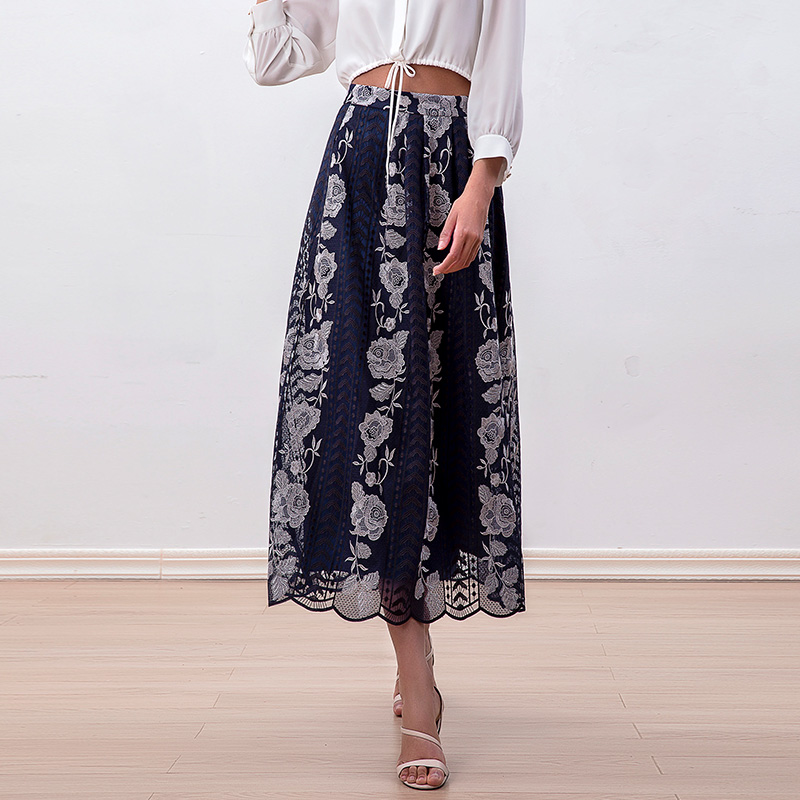 S127-1 Women Roses embroidered mesh scallop hem A-line midi skirt