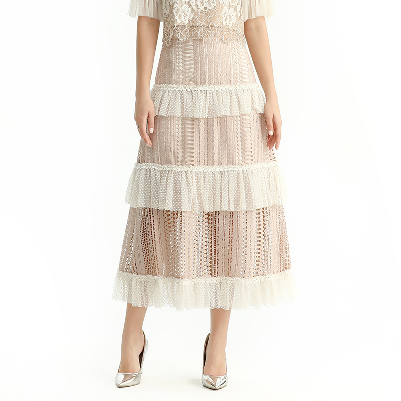 S149 Women Macramé lace-panel design Swiss dot tiered ruffle long skirt