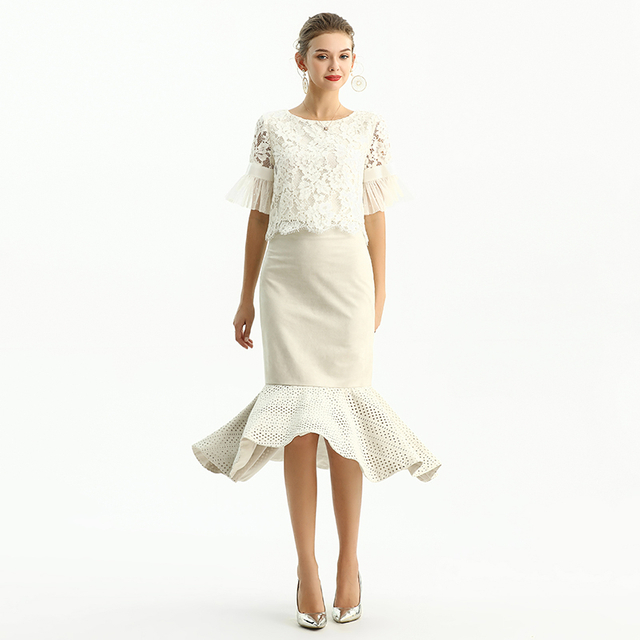 S168 -1 Women Faux suede perforated flounced ruffle mermaid midi skirt