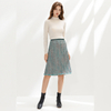 C153 Women Tweed plaid fringed hem A-line midi skirt