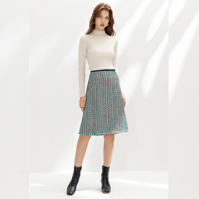 C153 Women Tweed plaid fringed hem A-line midi skirt