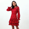 D271 Women Cut out embroidery long puff sleeves ruffle-tiered evening mini dress