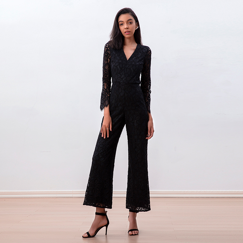 R172-1 Women All-over lace V-neck long sleeve party jumpsuit 