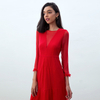 D270 Women Silk crinkle chiffon three-quarter sleeves flared midi party dress