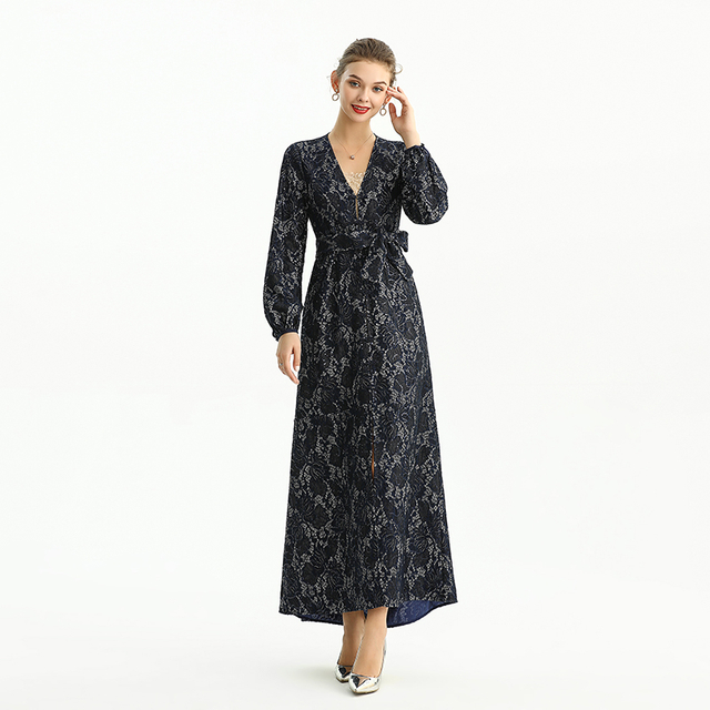 C165 Women Bonded sequinned lace long sleeves evening maxi robe dress