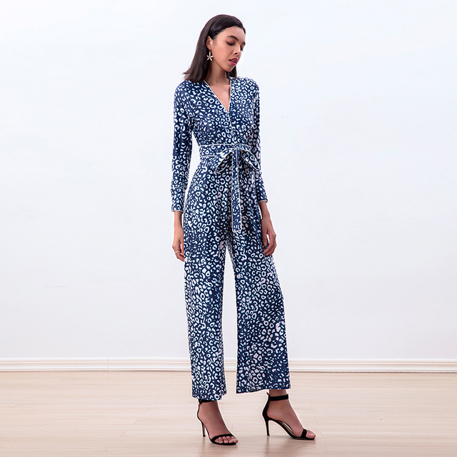 R171-2 Women Animal print long sleeves flare leg jumpsuit 
