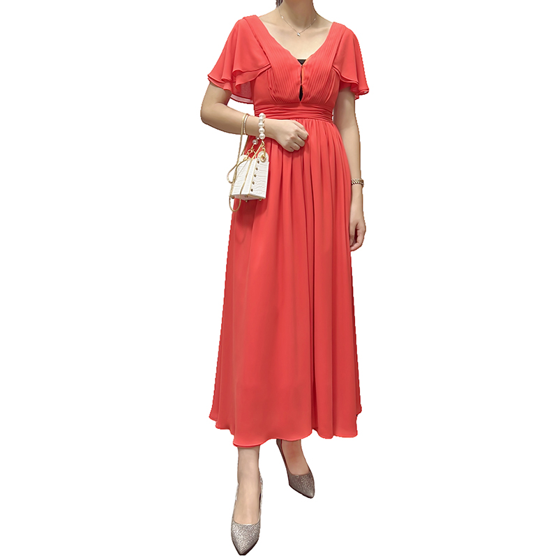 D416 Women Solid V-neck butterfly sleeves pintuck-detail flared midi dress