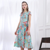 H628-1 Women Polyester print round neck cap sleeves flared midi dress