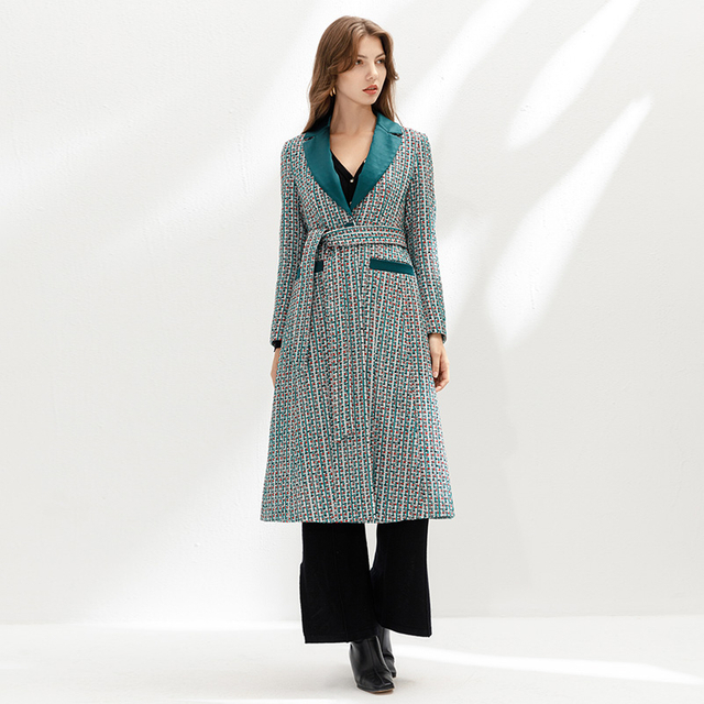 C150 Women Tweed plaid satin trimmed notched lapel belted single-breasted long coat