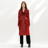 D158 Women Double-faced patent Pu hounds tooth tweed notched lapel belted single-breasted long coat