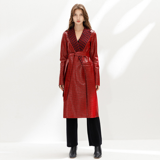 D158 Women Double-faced patent Pu hounds tooth tweed notched lapel belted single-breasted long coat