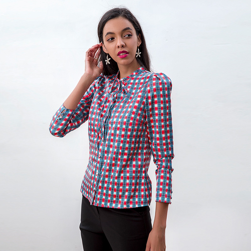 T268-1 Women Silk cotton checkers print band collar neck tie puff sleeves blouse