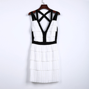 Z224 Women Color-block multi-strap criss-cross back pleated tiered party short dress