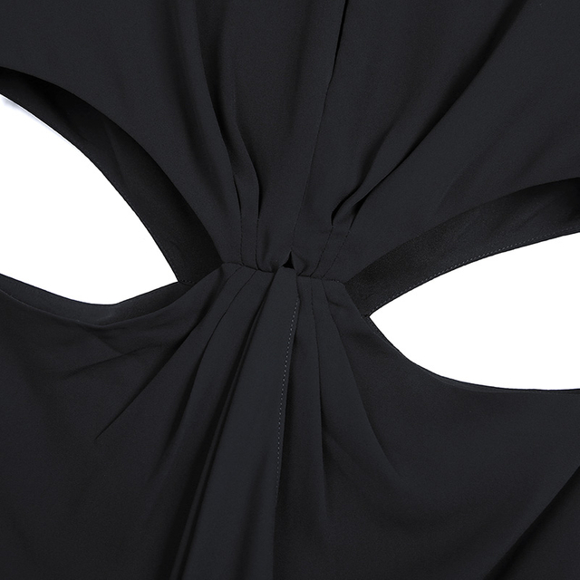 2A56 Women Solid round neck front draped design cut-out waist asymmetric hem day dress