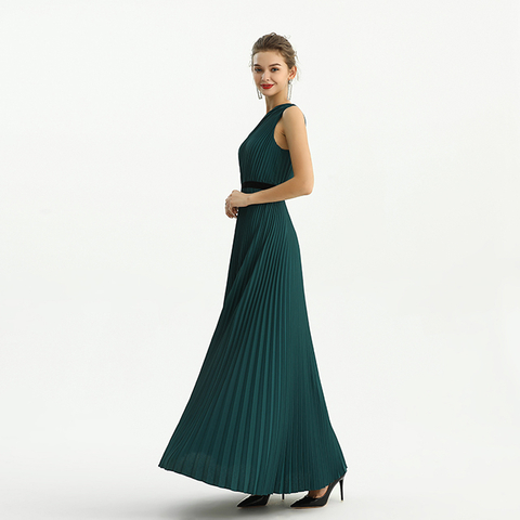 D201 Solid CDC Single Shoulder Sunburst Pleated Maxi Evening Dress