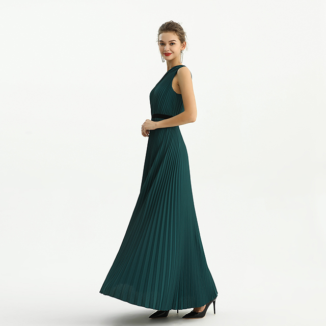 D201 Solid CDC Single Shoulder Sunburst Pleated Maxi Evening Dress