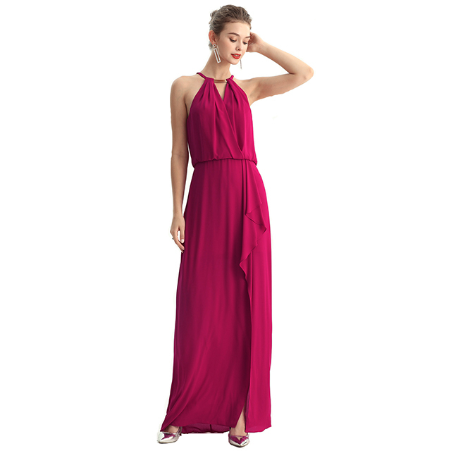D197 Solid Heavy Georgette Halter Neck Maxi Evening Dress