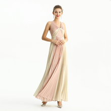 D209 Color Block Metallic Chiffon Pleated Maxi Evening Dress