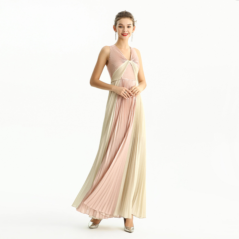 D209 Color Block Metallic Chiffon Pleated Maxi Evening Dress