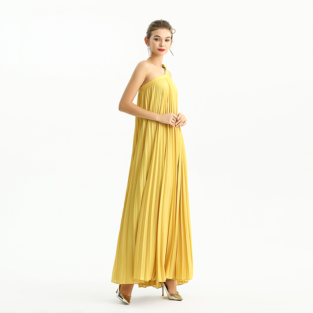 D204 Glazed Fabric Single Shoulder Sunburst Pleated Maxi Dress