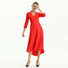 D186 Women Solid three-quarter sleeves A-line high low hem midi party dress 