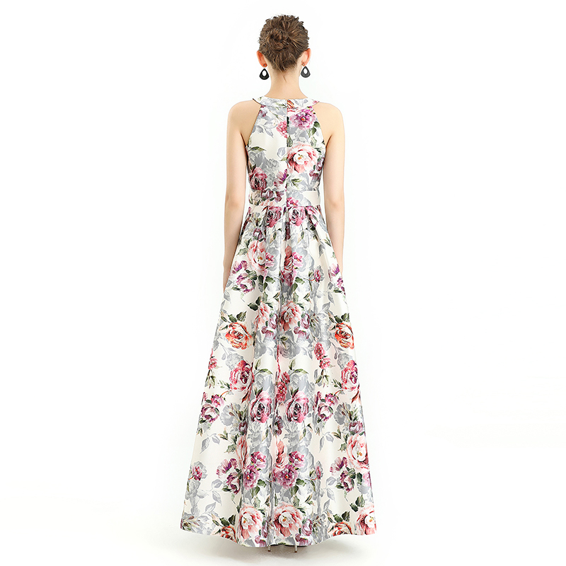 D112 Women floral Print halter neck sleeveless full circle flared maxi evening dress