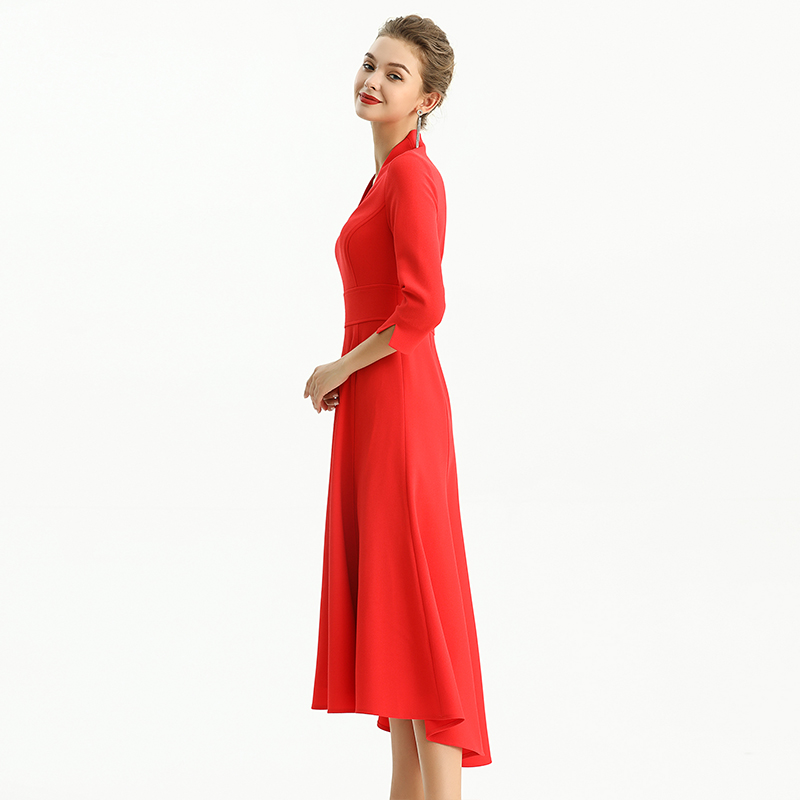 D186 Women Solid three-quarter sleeves A-line high low hem midi party dress 