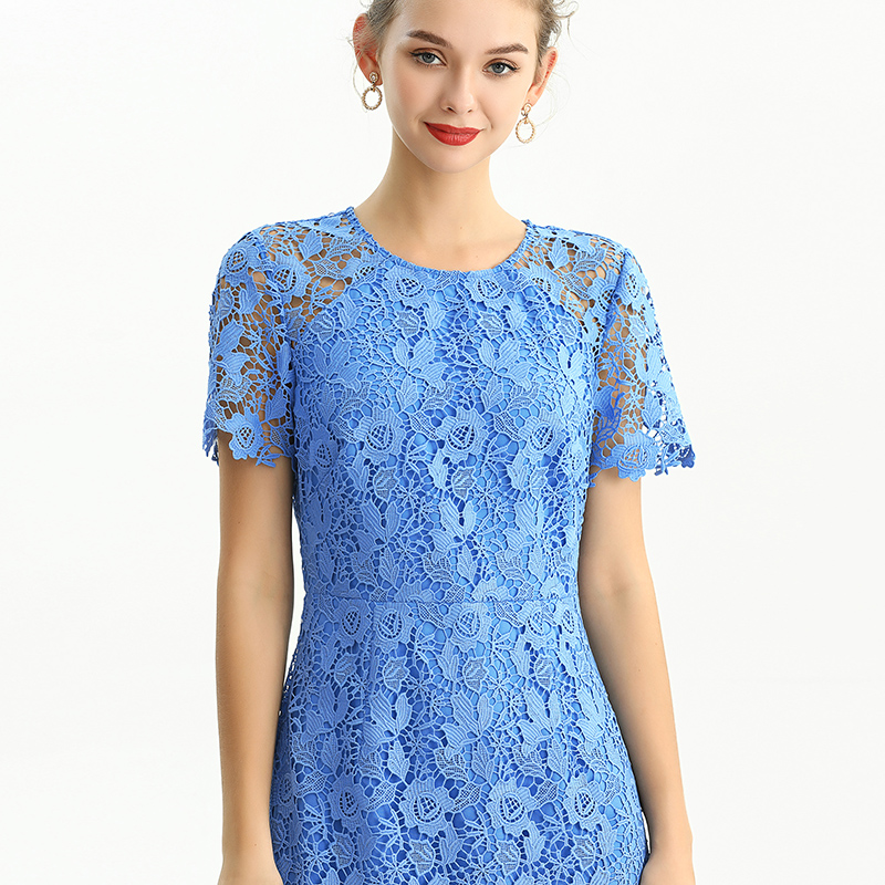 D190 Women Floral Macramé lace short sleeves straight-cut day and party midi dress