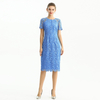 D190 Women Floral Macramé lace short sleeves straight-cut day and party midi dress