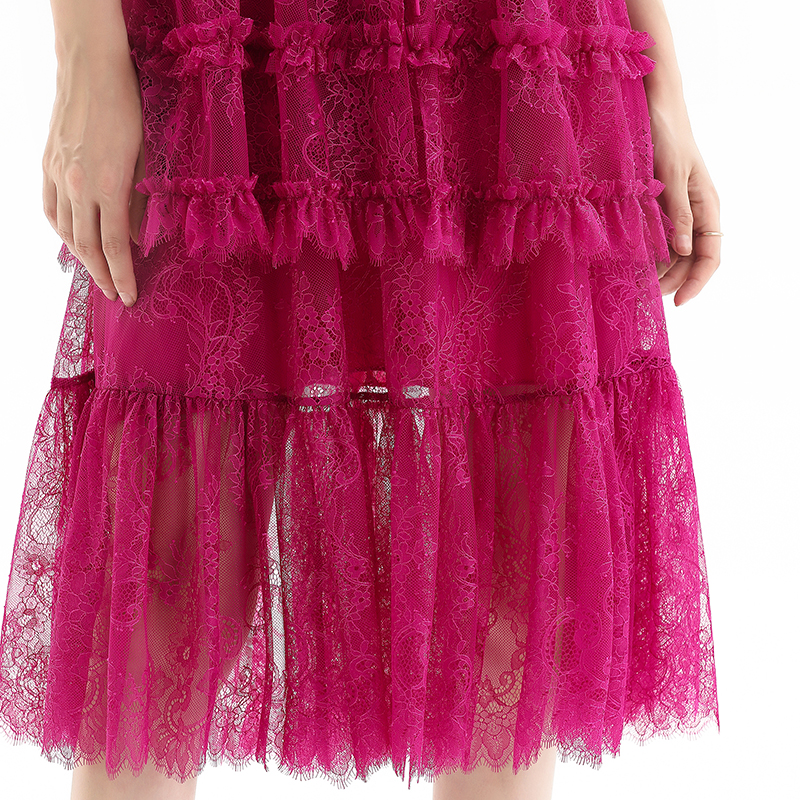 D091 Women Flower lace sleeveless ruffled detail tiered midi evening dress