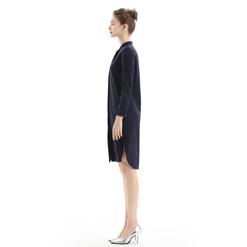 C053-1 Women Solid long sleeves band collar seam-detail midi shirt dress