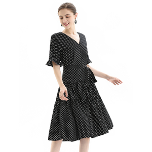 D081-2 Women Polka dot print short sleeves tiered midi day dress