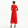 D084-2 Women Silk plissé chiffon three quarters sleeves ruffle detailed midi party dress