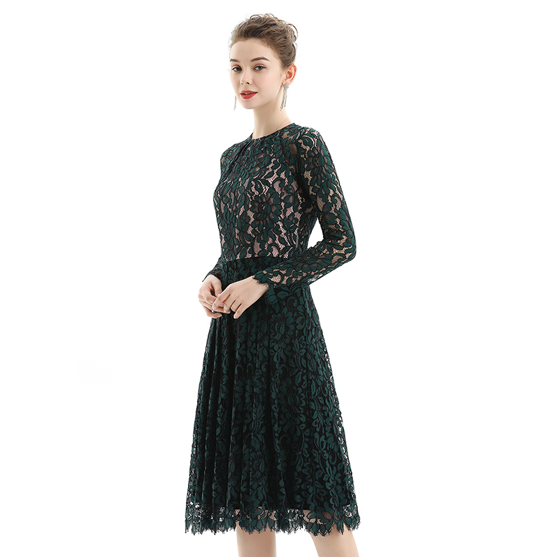 D080 Women floral scallop lace long sleeves flared pleated party midi dress
