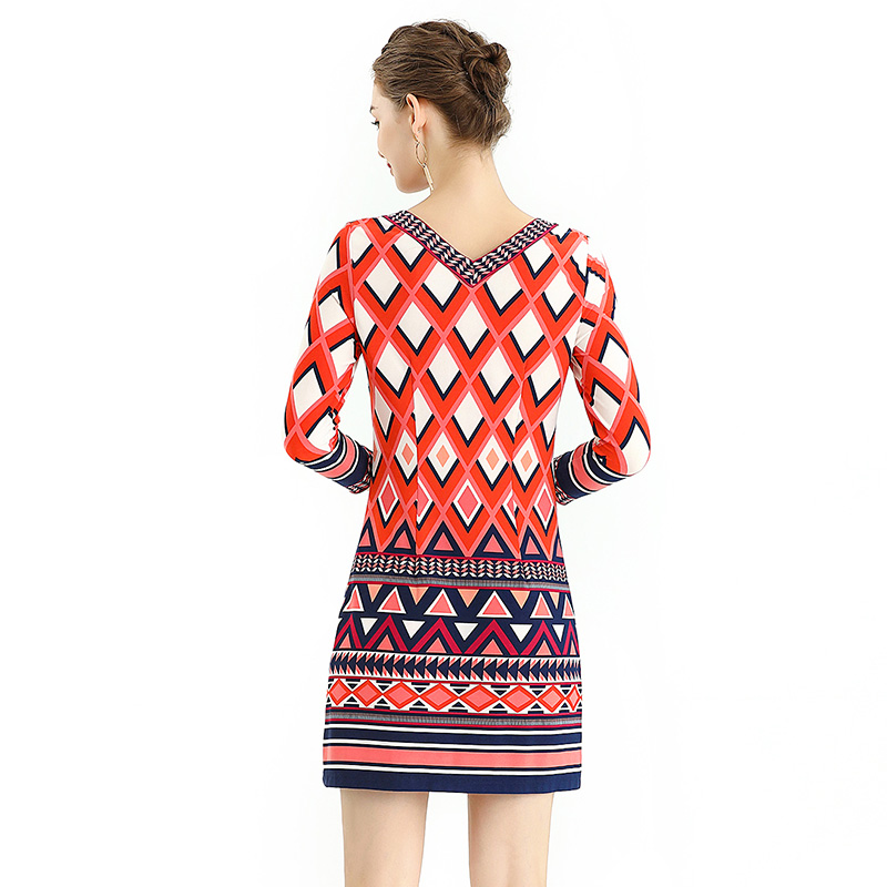 D079 Women Geometric print boat neck three quarter sleeves mini day dress 