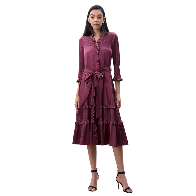D083-2 Women Solid satin three quarters sleeves ruffle detailing tiered midi wrap dress