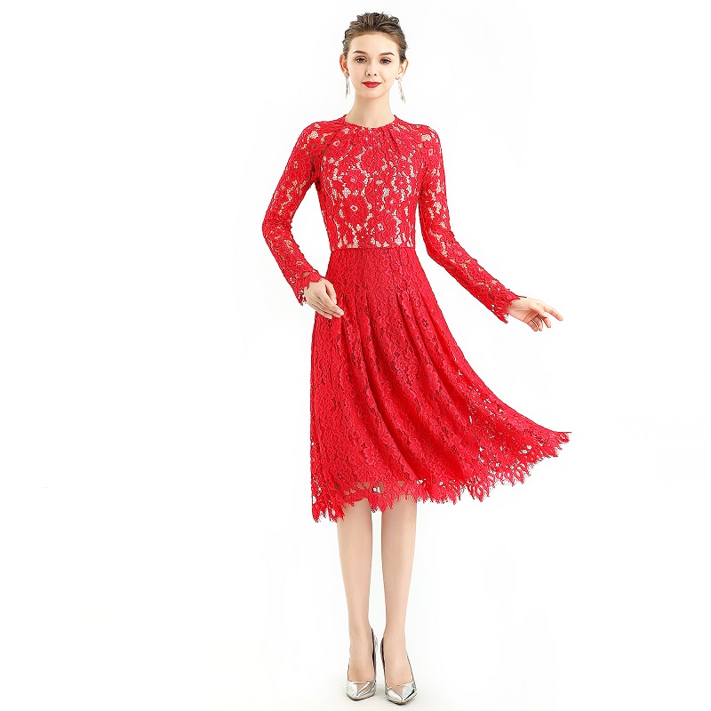 D080-2 Women floral scallop lace long sleeves flared pleated party midi dress