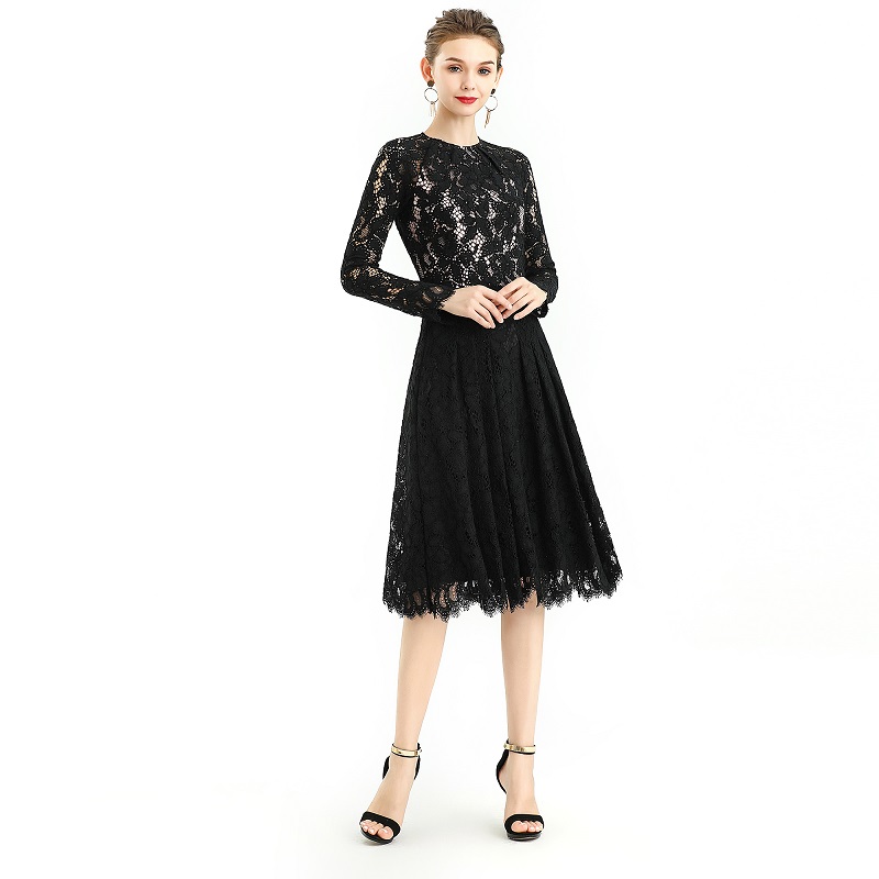 D080-3 Women floral scallop lace long sleeves flared pleated party midi dress