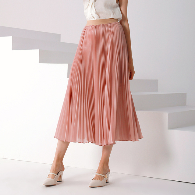 C042 Women Solid chiffon full circle sunburst pleated midi casual skirt