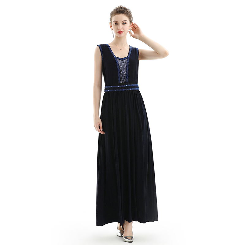 H08 Women Solid knit sleeveless embroidered and sequin embellished maxi evening dress