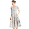 D062-7 Women Scroll leaf flower sequin embellished V neck cap sleeves flared midi evening dress