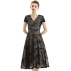 D062 Women Floral lace V neck cap sleeves flared midi evening dress