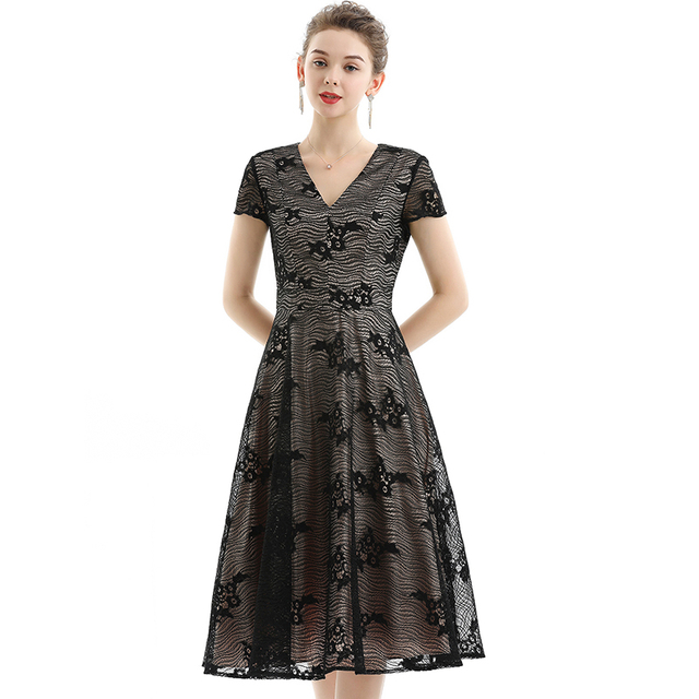 D062 Women Floral lace V neck cap sleeves flared midi evening dress