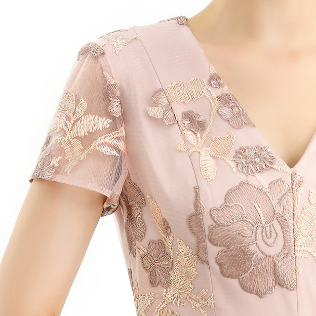 D063-2 Women flower embroidered tulle V neck cap sleeves flared midi evening dress