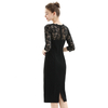 D072 Women Polyester knit scallop lace panel three-quarter sleeves fitted party midi dress